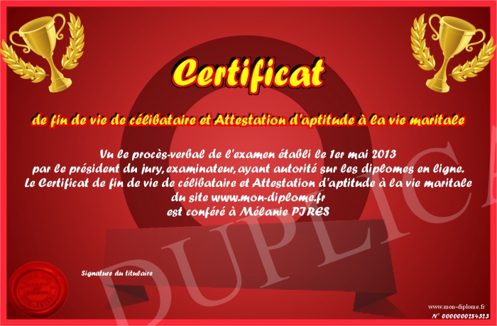 Certificat denterrement de vie de célibataire